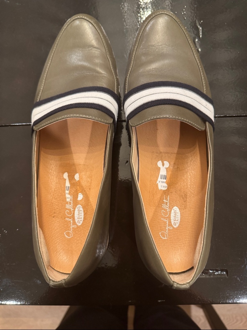 Dr. Scholl's Olive Green Leather Loafers with Navy and White Stripes